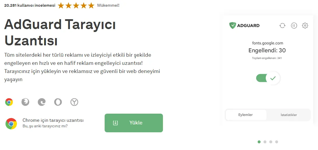 Google Chrome için AdGuard reklam engelleme uzantısı sayfası ve kullanıcı puanlaması.