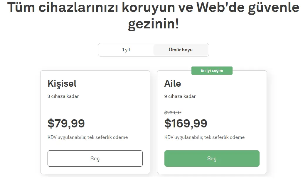 AdGuard'ın tek seferlik ödeme seçenekleri: Kişisel ve Aile paketleri ile cihazlarınızı koruma altına almak için uygun fiyatlar.